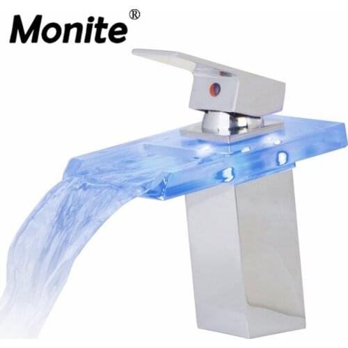 LED Bathroom Faucet Glass Chrome Finish Waterfall Bathroom Basin Mixer Tap One Handle Sink Faucet