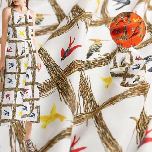 114cm width 12momme orange and white lovely birds print pure silk crepe de chine summer DIY clothing fabric