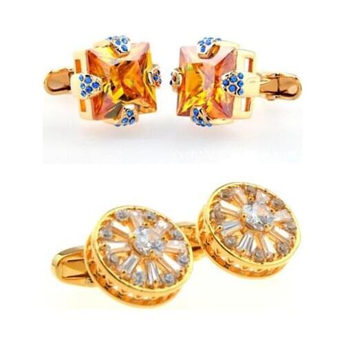 10pairs/lot Luxury Golden Square/Round Crystal Cufflinks Crystal Zircon Stone Copper Plating Cuff links Mens Jewelry