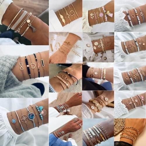 2021 New Bohemian Black Rope Chain Bracelet Set For Women Aircraft Shell Moon Heart Crystal Charm Bangle Boho Jewelry