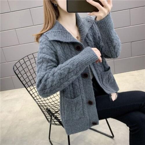 Spring Autumn Korean Knit Sweater Jacket Women New Large Lapel Twist Cardigan Loose Short Coat Pocket Female Outerwear