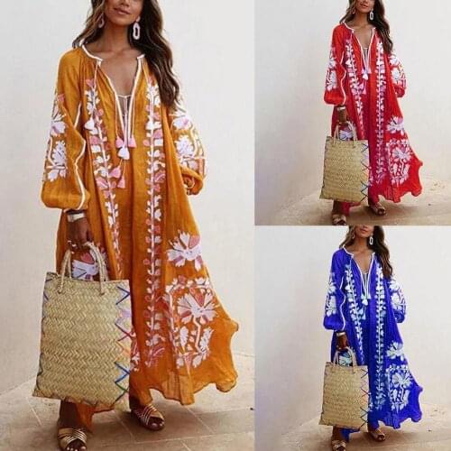 Summer Floral Print Sundress V Neck Half Sleeve Women Vintage Deep V Neck Lantern Sleeve Ethnic Floral Print Loose Long Dress