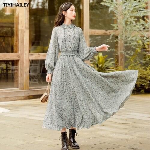 TIYIHAILEY Free Shipping Floral Print Women Boshow Long Maxi Flower Lantern Sleeve Dress Spring Autumn Gorgeous Big Hem Green