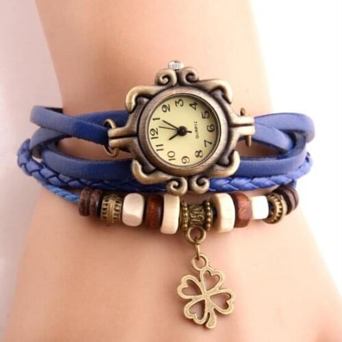 30pcs Vintage Multilayer Leather Rope Bracelet 8 Color MIXORDER Clover Pendant Bracelet Wristwatches Watch Bangle Women Jewelry