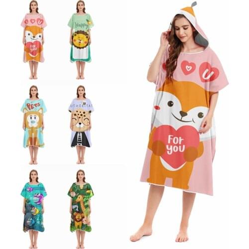 Cartoon Animals Absorbent Wetsuit Changing Robe,Surf Poncho Changing Towel Robe with Hood, Quick Dry Microfiber Beach Towel