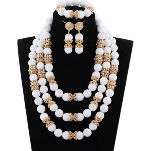 Charms White Beads African Wedding Jewelry Sets Quality Real Stone Bridal Beads Dubai Gold Statement Necklace Set WE157
