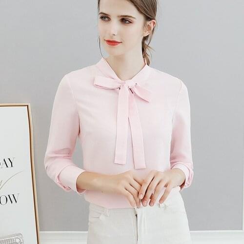 Korean Fashion Bottom Shirt Women Spring Summer Leisure Chiffon Blouses Female Long Sleeve Bowknot Pure Color Ladies Top H9113
