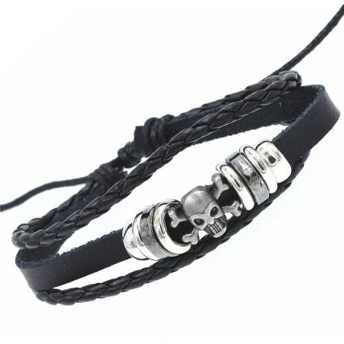 DGW Vintage Punk Design skull Leather Bracelets For Women Men Wristband Female Multilevel Geometrical Bracelet Jewelry