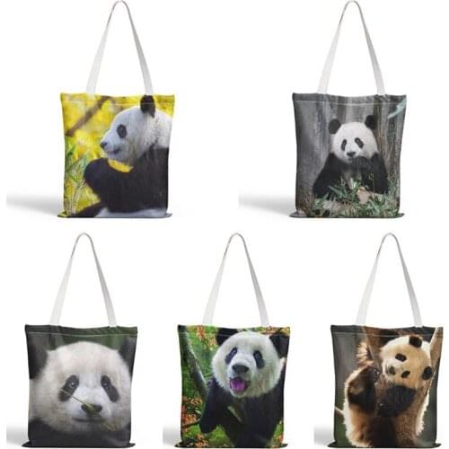 Panda Shopping Bag Eco Reusable Canvas Shopper Bag Female Daily Use Foldable Handbag Shoulder Bag Cute Fun Handbag