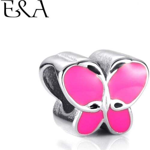 Enamel Beads Painted Pink Butterfly Stainless Steel Hole 5mm for Women Bracelet Charms Making European Bead DIY Jewelry Findings