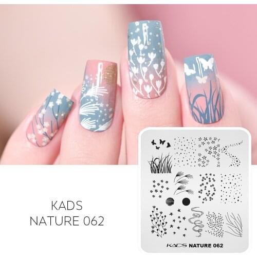 KADS Nail Art Stamp Plate Nature 062 Moonlight Flower Nail Stamping Plate Template Image Plate Stars Dots Grass Butterfly Leaves