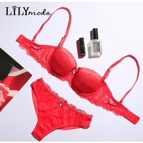Lilymoda Women Red Bra Set Sexy Thongs Lingerie Lace Pearl Decoration Bra and Panties Seamless Brief Underwear Push Up Brassiere