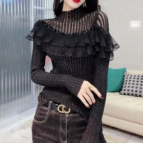 Lace Ruffle Sexy Turtleneck Vintage Knit Korean Fashion Women Clothing Hot Style Top Bright Silk 2020 Fall Winter Party Sweater