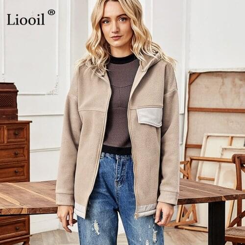 Liooil Khaki Hooded Coats and Jackets Women 2020 Zip Up With Pockets Long Sleeve Ladies Autumn Winter Patchwork Casual Outwear