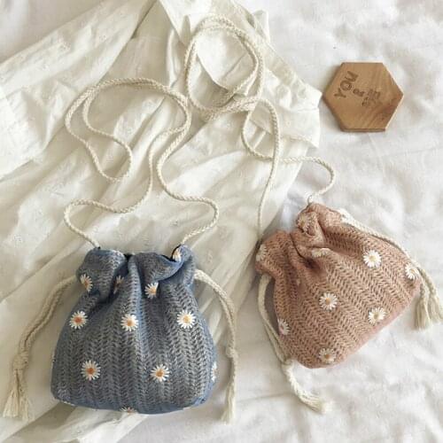Summer Women Flower Shoulder Crossbody Bags Fashion Girls Small Beach Messenger Bag Handbag Woven Drawstring Straw Purse Pouch