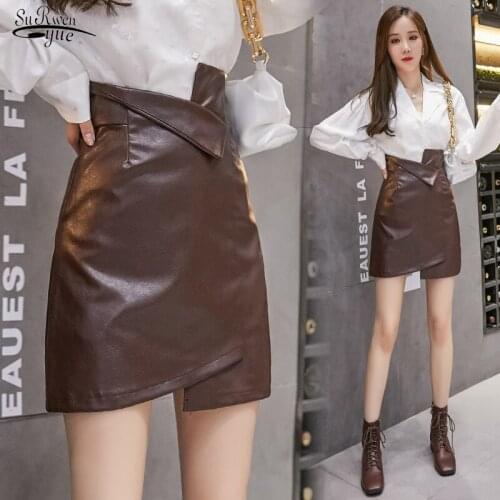 2021 Autumn New Casual High Waist Hips Hugging Mini Skirt Ins Hong Kong Wind Korean Version Irregular Pu Leather Skirt 16403