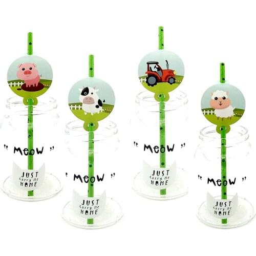 12pcs Disposable Biodegradable Paper Straw Tube For Boy Kid Farm Animals Cow Piggy Sheep Tractor Theme Birthday Party Supplies