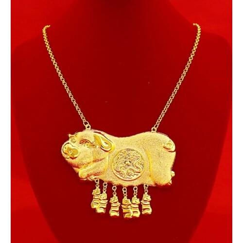 Retro 6pcs Pig Baby And Pig Mother Pendant Necklace Yellow Gold Filled Women Wedding Party Jewelry