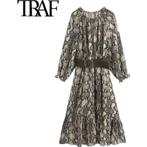 TRAF Women Chic Fashion With Belt Snake Print Ruffled Midi Dress Vintage Long Sleeve Elastic Waist Female Dresses Mujer