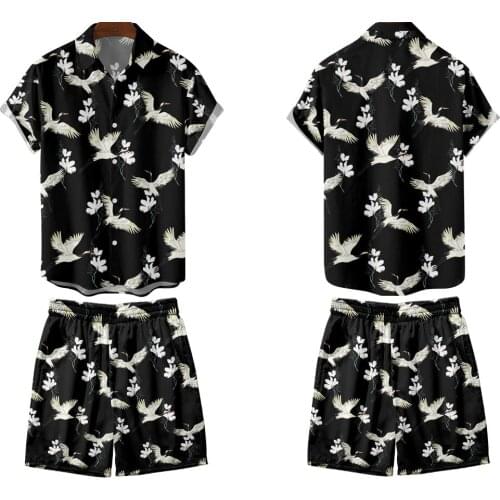 3D Digital Printing Crane Snow Mountain Casual Loose Short-sleeve Top Thin Shorts Men Sport Shorts Comfortable Summer Casual Set