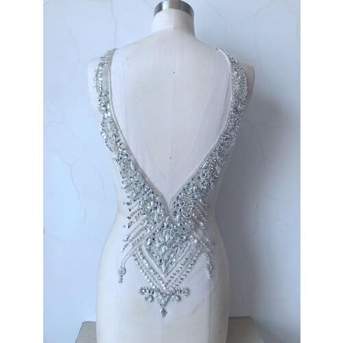 Hand made silver sew on Rhinestones applique on mesh crystal patches trim 59*30cm for dress accessory