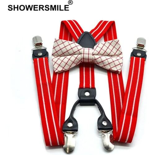SHOWERSMILE Red Mens Suspenders Braces Women Bow Tie Dress Suspenders Belt Husband Striped Y Back Suspender Pants for Adults
