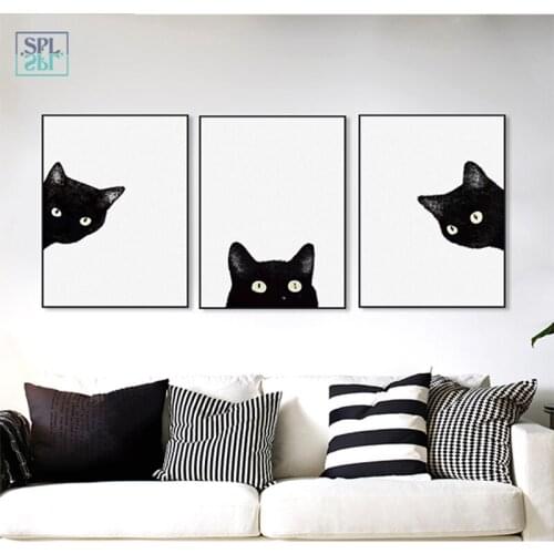 SPLSPL Cute Nordic Watercolor Black Cat Animal Head Poster Art Print Wall Canvas Home Decoration Painting Without Frame