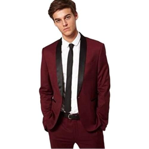 Slim Fits Burgundy With Black Collar Groom Tuxedos Handsome Men Evening Dress Toast Suit (Jacket+Pants+Bow Tie) OK:039