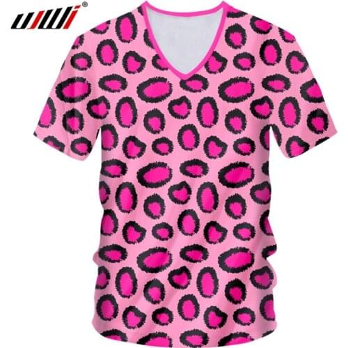 UJWI Summer Mens Funny Print 3D T-shirt Pink leopard V Neck Tshirt Man Hiphop Punk Style Tees Shirt 7XL