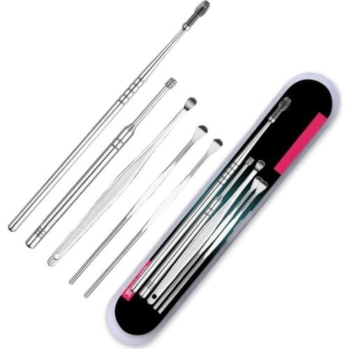 5Pcs Stainless Steel Spiral Ear Picks Spoon Wax Removal Cleaner Tool Ear Wax Pickers Ear Spoon with Box