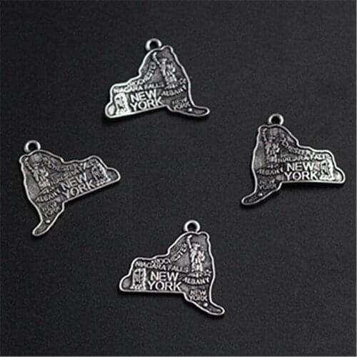 WKOUD 4pcs Silver Color USA New York State Map Alloy Pendant Necklace Bracelet DIY Metal Jewelry makings A1342