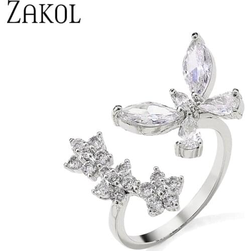 ZAKOL Korean Fashion Cute Romantic Butterfly Small Flower Shape Cubic Zirconia Rings Party Adjustable Size Finger Ring for Women