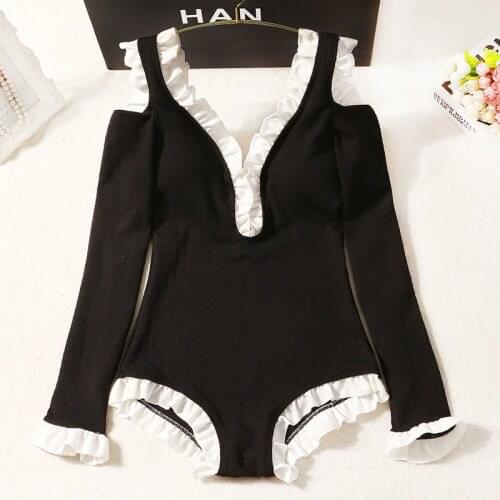 2020 Women Black One Piece Swimwear Padded Bathing Suit Swimming Beachwear Summer Sexy Swimsuit Long Sleeve Swim Monokini Suits