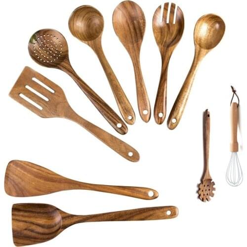 11 Pcs Wood Utensils Set,Wooden Utensil for Kitchen,Nonstick Wooden Spatula Ladle Colander,Kitchen Cooking Tools