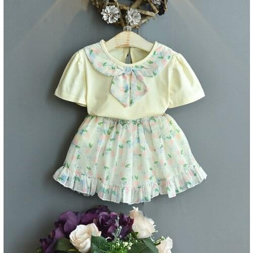 2021 Summer Girl Sets Kids Tie Pure Cotton Pure Color Short Sleeve+Childrens Fashion Floral Skirt Girls Toddler Casual Clothes