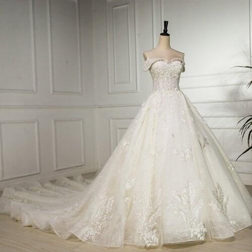 Off Shoulder Ball Gown Wedding Dress Hand Made Flowers Luxury Vestido de Noiva Beading Appliques Vintage Robe de Mariage