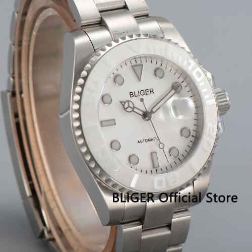 BLIGER 43MM White Dial Ceramic Bezel Luminous Marks Sapphire Glass Date Magnifier Miyota Automatic Movement Mens Watch B31