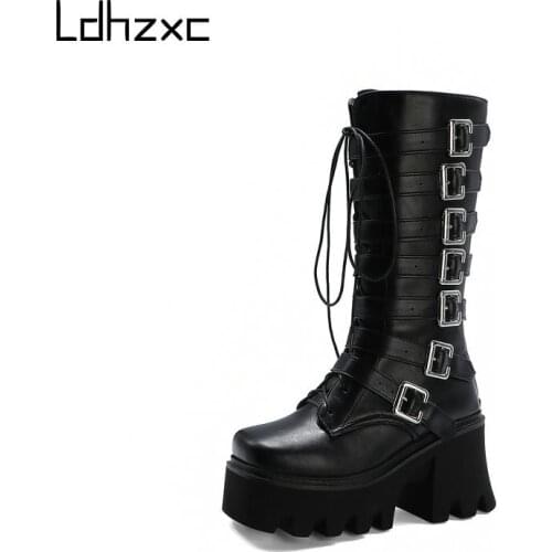 LDHZXC Autumn Fashion Motorcycle Boots Women Platform Heels Casual Shoes Lacing Round Toe Shoes Ladies Boots Black