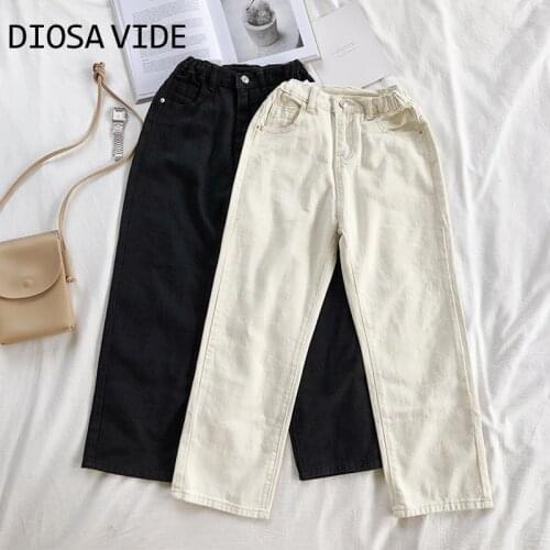 DIOSA VIDE simple and casual retro high waist elastic waist is easy to wear all-match straight slim jeans denim nine-point pants