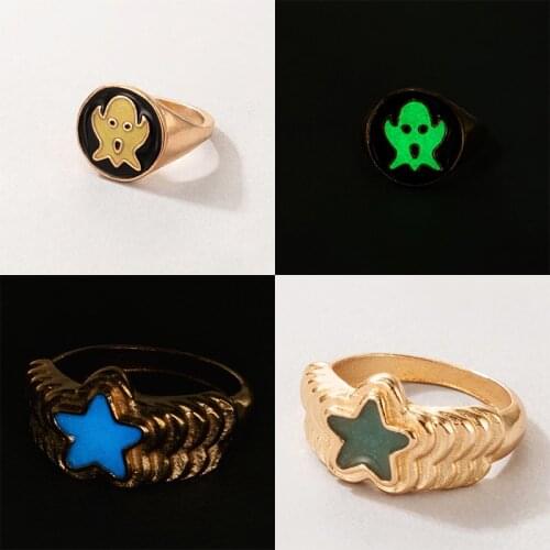 Docona Creativity Luminous Ghost Rings for Women Men Funny Geometry Star Alloy Metal Single Ring Halloween Party Jewelry Anillos