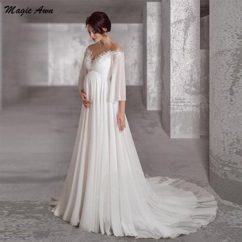 Magic Awn Elegant Maternity Chiffon Wedding Dresses Long Sleeves Bohemian Pregnant Bride Gowns Lace-Up Back Simple Vestidos