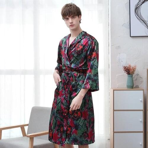Men Satin Robe Lovers Sleepwear Nightgown Print Kimono Bathrobe Gown Home Clothing Casual Homewear Nightwear Big Size 3XL
