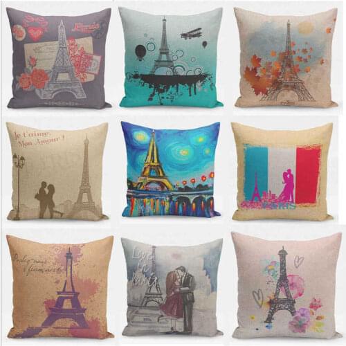 Linen / Cotton Pillow Decor Sofa Cover Tower Home Retro Case Square Paris Seat Eiffel Cushion