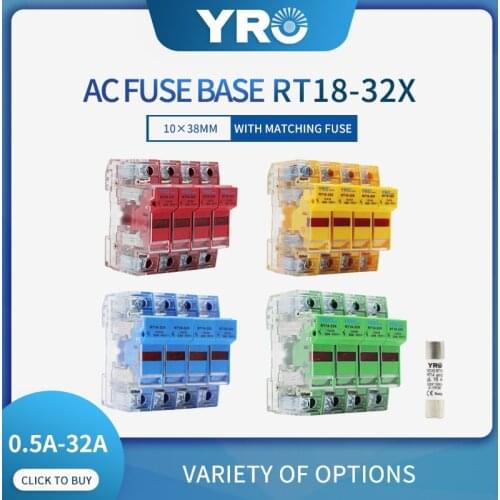 AC 1Sets 4P Colorful Fuse Base 690V With 10x38MM Fast Blow Ceramic Fuse Core 0.5A 1A 2A 3A 4A 5A 6A 8A 10A 16A 20A 25A 32A RO15