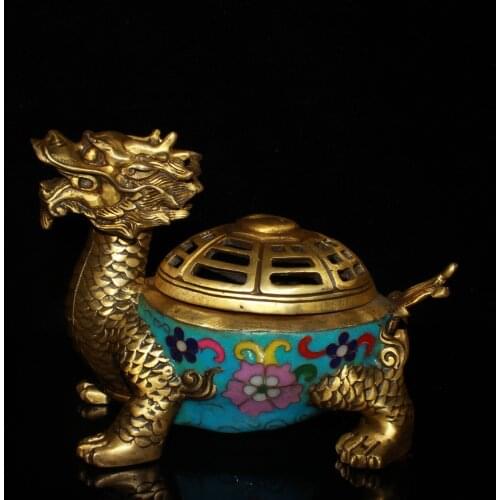 Chinese Antique Incense Burner ,Old Pure Copper Handmade Cloisonne Dragon Turtle Ornaments,Home Decoration Metal Censer Crafts