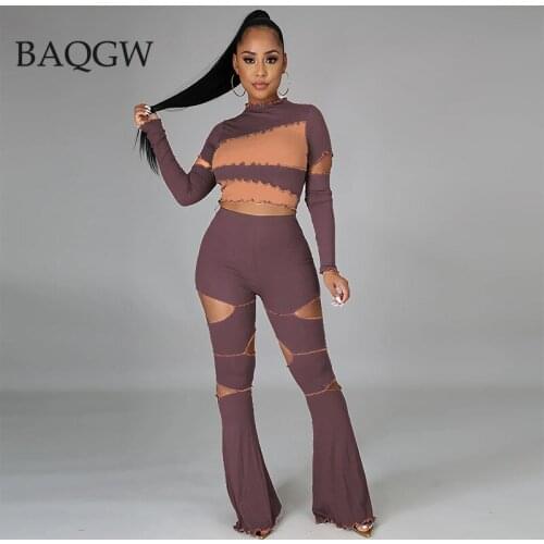 2 Piece Sets Womens Outfits Stretchy Hollow Out Long Sleeve Crop Tops and Flared Pants Plus Size 4XL Tracksuit Set Dropshipping