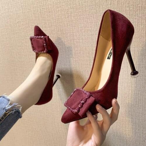 Metal Bowknot Shallow Women Pumps Pointed Toe High Heels Woman Wedding Shoes Soft Flock Fashion Lady Office Shoes W32-29