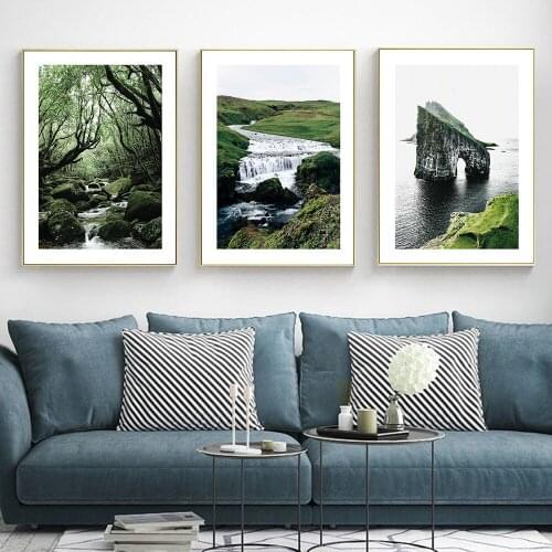 Nodic Green Landscape Faroe Cliff Canvas Painting Mystical Forest Waterfall Posters Print Wall Art Pictures Bedroom Home Decor