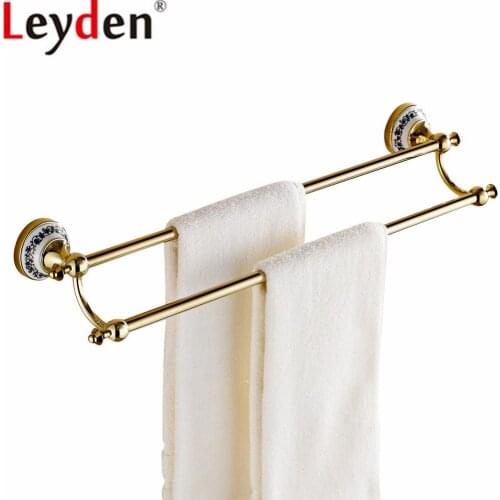Leyden Wall Mounted Brass and Creamic Base Gold Double ToweL Bars Bathroom Towel Holders Rails For Bathroom Accessories