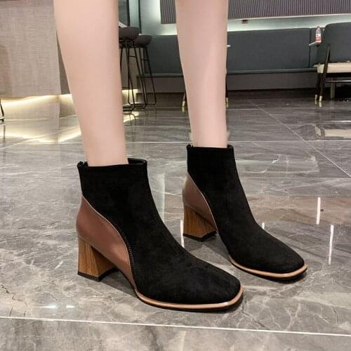 2021 New Patchwork Martin Boots Women Autumn Winter Square Flock Back Zipper Short Boots Ladies Chunky High Heels Ankle Boots